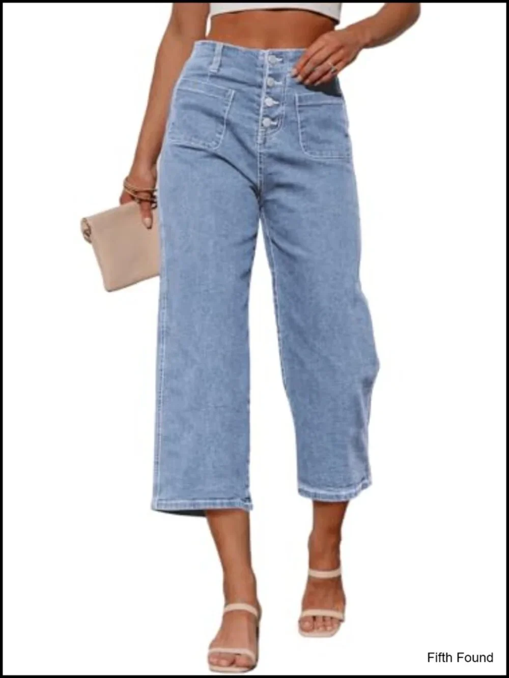 High Waisted Wide Leg Cropped Denim Capri Pants Stretchy Loose Fit